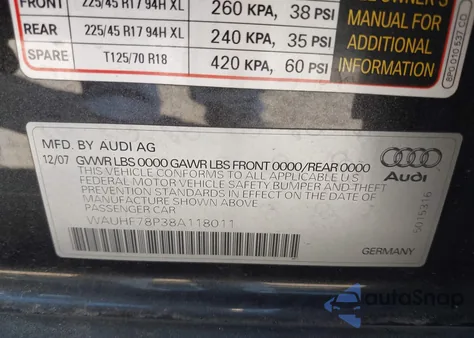 2008 Audi A3 2.0T from USA, damaged, VIN WAUHF78P38A118011